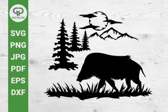 Wild Boar in the Forest and Mountain SVG Graphics